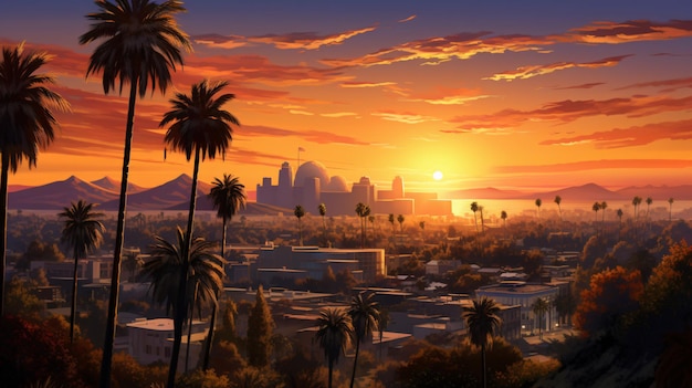 Foto los angeles hete zonsondergang met palmboom en het centrum