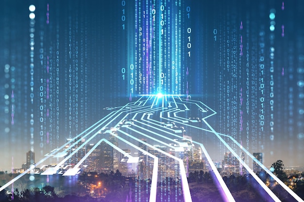 Освещенная панорама горизонта Лос-Анджелеса в центре города ночью Калифорния США Небоскребы Лос-Анджелеса Голограмма концепции искусственного интеллекта ИИ и бизнес-машинное обучение нейронной сети робототехники