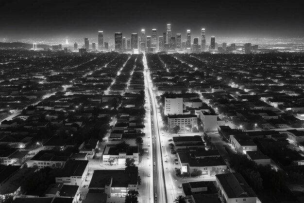 Los Angeles at night with urban buildings in BW