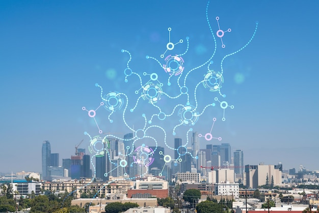 Los Angeles panorama skyline van het centrum overdag Californië Usa Wolkenkrabbers van LA stad Hologram van kunstmatige intelligentie concept AI en business machine learning neurale netwerk robotica