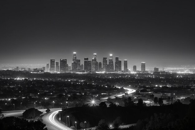 Los Angeles's nachts met stedelijke gebouwen in BW