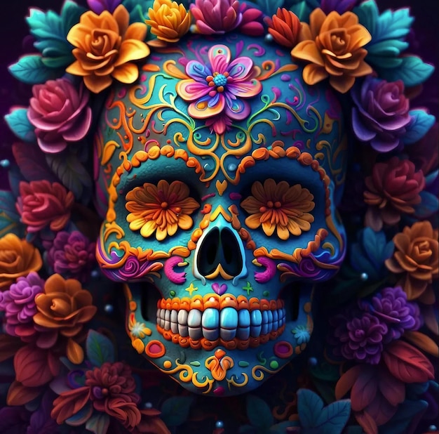 Los Muertos Mexicaanse Traditionele schedel Versierd met bloem Generatieve AI