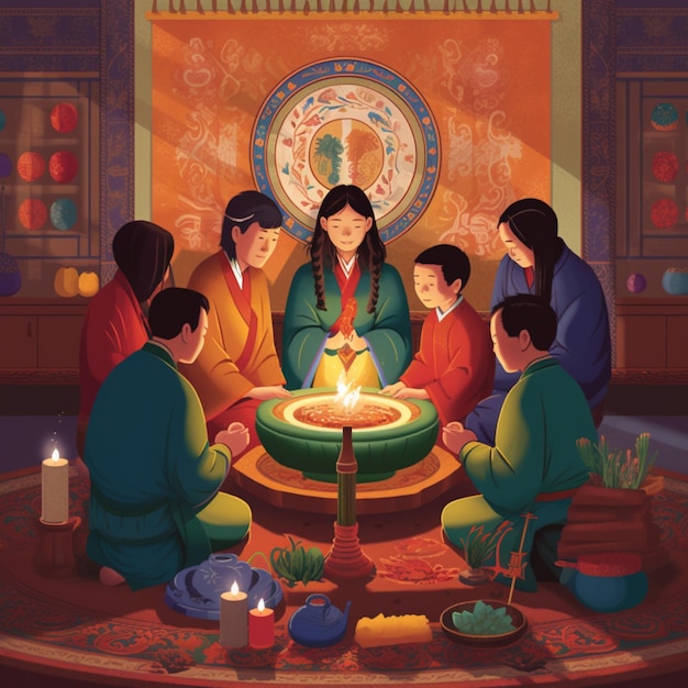 Losar tibetan new year a family gathering around a traditional tibetan altar