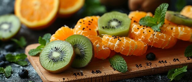 Photo to lose weight kiwi banana and orange in a fruit salad accompanied by a wooden board that shows the centimeters