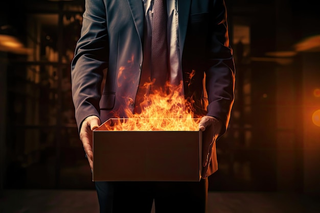 loseup cardboard box with fire inside held by an office worker