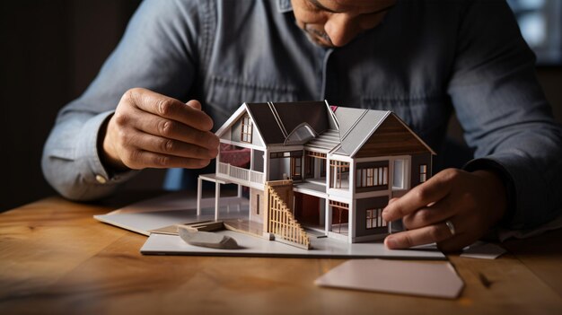 loseup of a male architect's hands crafting a model house while working in his office