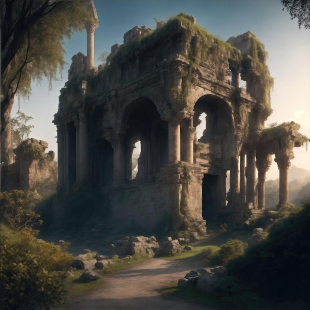 Lost Ancient architecture ruined nature overgrows