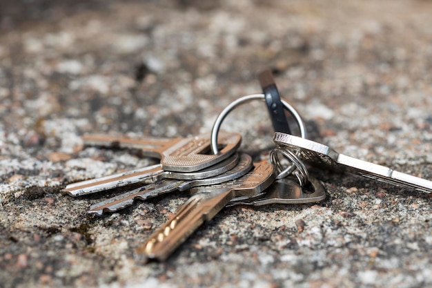 A lost bunch of keys lies on the ground. View from the side. High quality photo