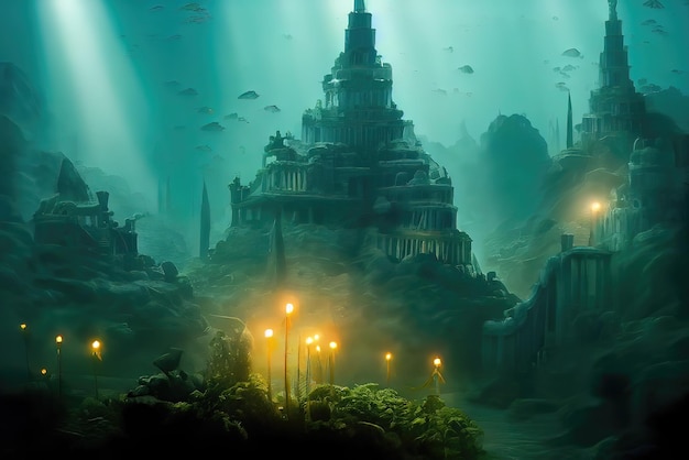 The lost City of Atlantis under Water Background Image