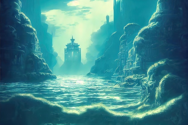 The lost city of atlantis under water background image