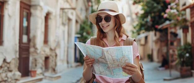 Foto perse in città una donna caucasica alla ricerca di una direzione