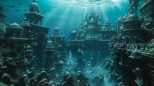 Lost city in fantasy underwater seascape