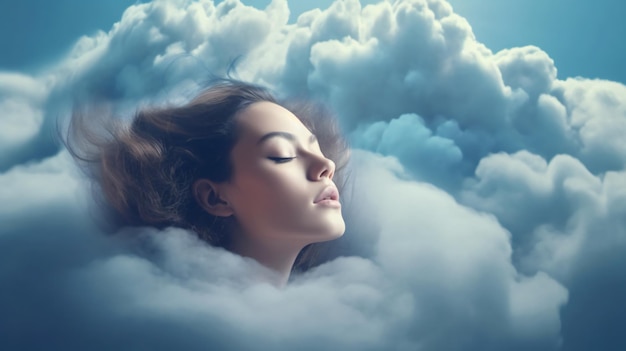 Затерянная в облаках безмятежная женщина с закрытыми глазами в мечтательном небе GenerativeAI