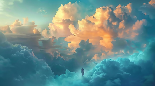 구름 속에 사라진 한 여인이 거대한 구름의 바다에서 혼자 서있고, 그녀는 아름다움에 둘러싸여 있지만, 그녀는 또한 고립되고 혼자 있습니다.