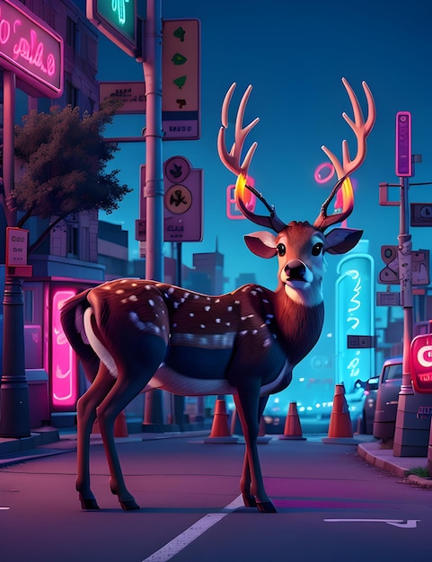 lost deer in a cyber city streets animation style