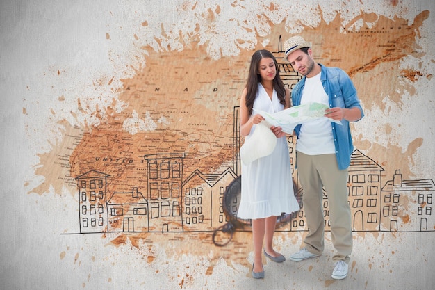 Lost hipster couple looking at map against world map with compass showing north america