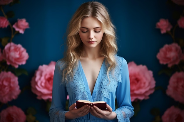 Фото Потерянная в литературе спокойная женщина в синем комбинезоне обнимает книгу против розового оттенка