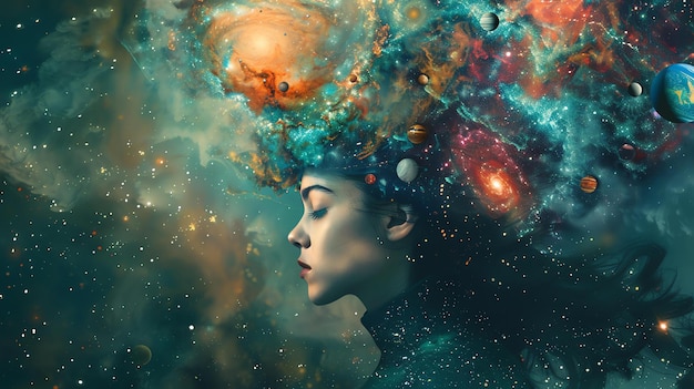Фото Потерянная в космосе молодая женщина смотрит на звезды ее ум наполнен удивлением и благоговением