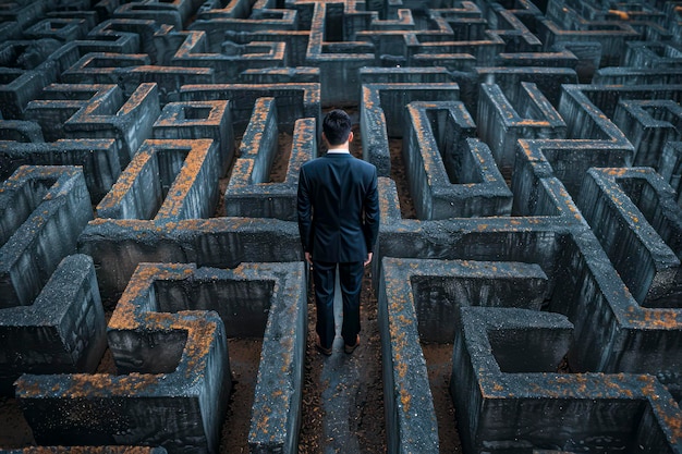 Photo lost in the labyrinth topdown view of businessman trying to find escape from maze