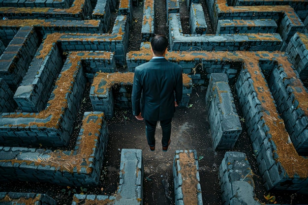 Lost in the Labyrinth TopView Businessman Struggling to Find the Exit