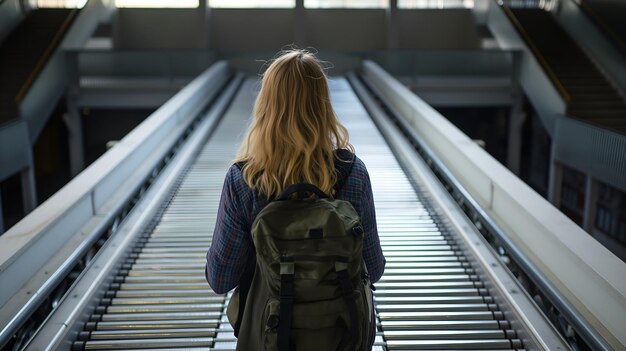 Lost luggage woman gazes expectantly at vacant baggage carousel
