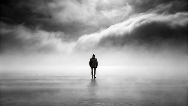 Photo lost in mist solitary figure amidst thick fog
