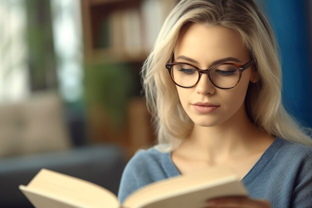 Lost in the pages of a captivating novel the pretty young woman with glasses dives into another world AI generated fictional person