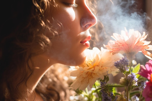 Foto perduta nel profumo, irradia una presenza serena e tranquilla, l'odore dei fiori.