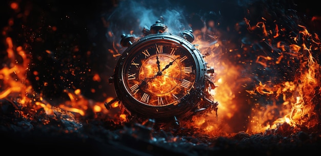 Lost time A clock engulfed in flames against a dark background