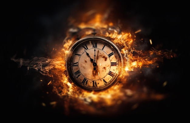 Lost time A clock engulfed in flames against a dark background