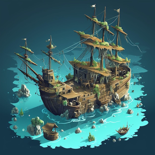 Lost Treasures Isometric Pirate Wreck Above Water