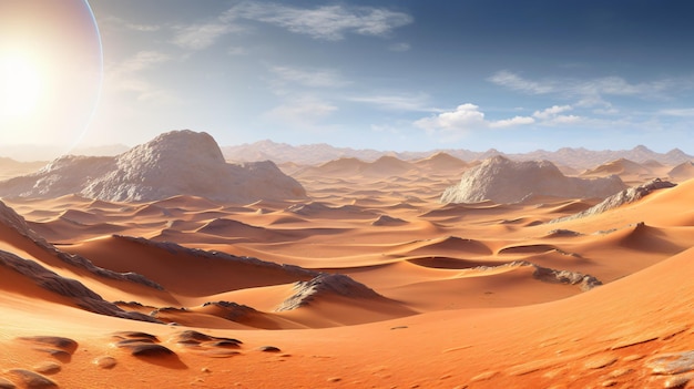 Lost in the Vastness AweInspiring Desert Landscape with a Mysterious Planet on the Horizon Generativeai