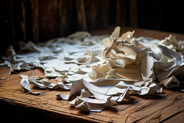 Потерянные слова Коллаж бумажных обломков на выветренном деревянном столе