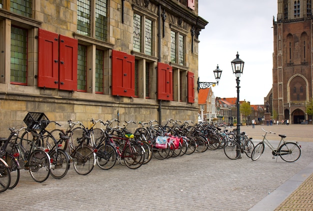 Lot of bicycles in old  Holland town Delft - main dutch transport