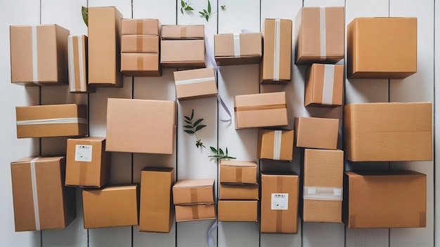 Lot of brown cardboard boxes on white wooden background