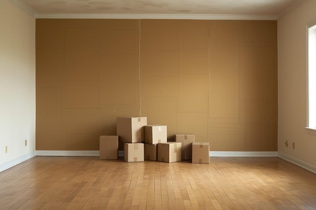 Много картонных коробок в пустой новой квартире