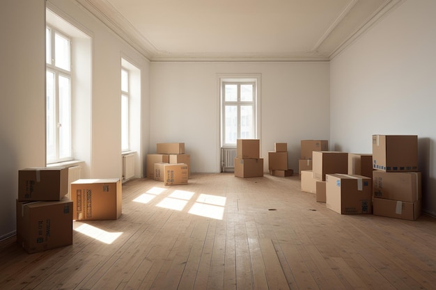 A lot of cardboard boxes in an empty new apartment