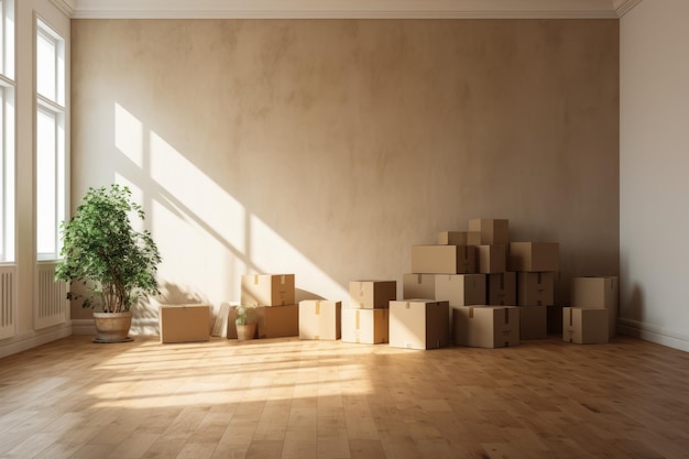 a lot of cardboard boxes in an empty new apartment