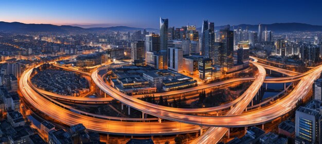 Photo a lot of cars driving on the road in the metropolis aerial top view headlights long shutter speed