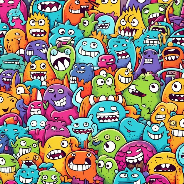 A lot of cartoon characters with different expressions and the words monsters