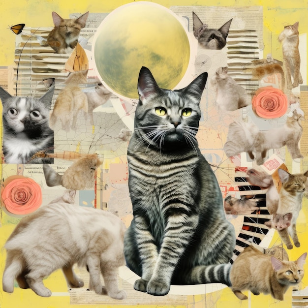 lot cats family Abstract collage scrapbook yellow retro vintage surrealistic illustration