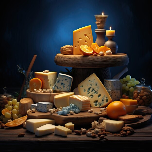 Photo a lot of cheese on a wooden board in the style of dark skyblue and amber softbox lighting