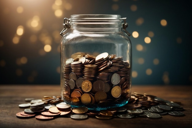 A lot coins in glass money jar on table
