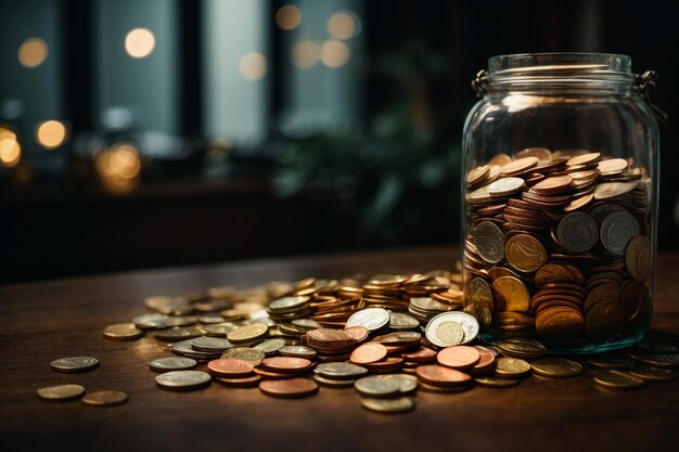 A lot coins in glass money jar on table