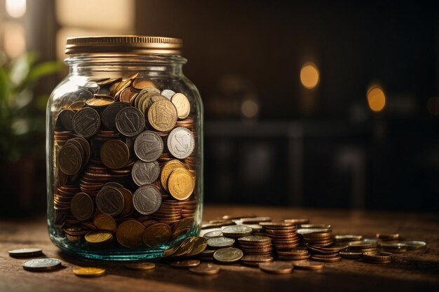 A lot coins in glass money jar on table