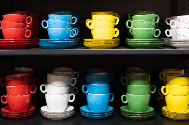 A lot of colored cup on the shelf