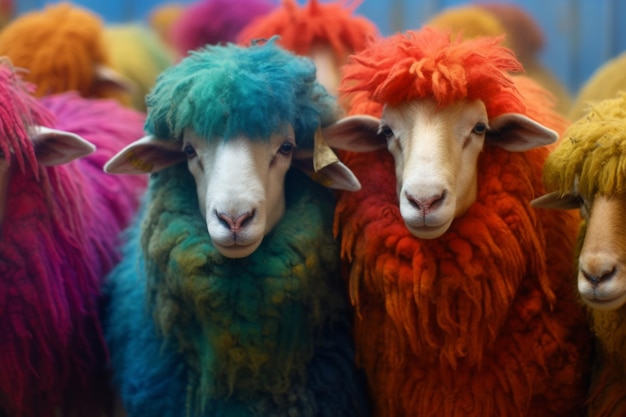 Photo a lot of colored sheeps generated ai