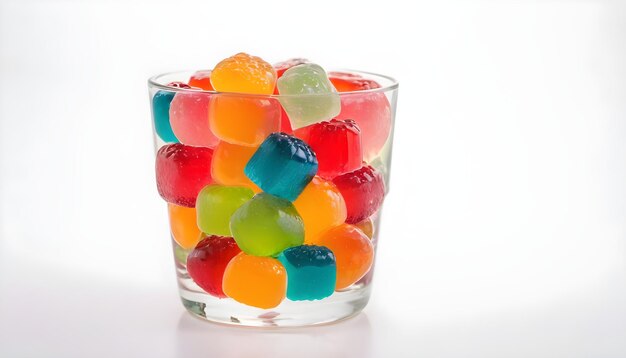 lot of colored sweet fruit jelly in a glass isolated on white background