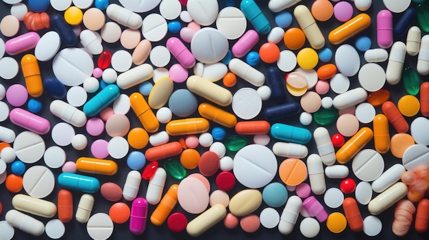 A lot of colorful medication and pills Top viewCreated with Generative AI technology