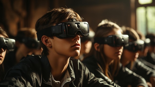 Lot of crowd of students and pupils in virtual reality glasses are sitting in the auditorium